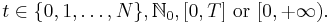 t \in \{ 0, 1, \dots, N \}, \mathbb{N}_{0}, [0, T] \mbox{ or } [0, %2B \infty).