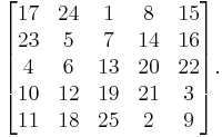 
\begin{bmatrix}
 17 & 24 & 1 & 8 & 15 \\
 23 & 5 & 7 & 14 & 16 \\
 4 & 6 & 13 & 20 & 22 \\
 10 & 12 & 19 & 21 & 3 \\
 11 & 18 & 25 & 2 & 9
\end{bmatrix}.
