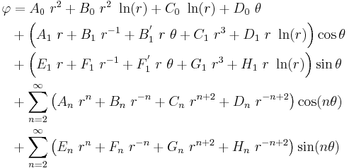 
  \begin{align}
   \varphi &= A_0~r^2 %2B B_0~r^2~\ln(r) %2B C_0~\ln(r) %2B D_0~\theta \\
      & %2B \left(A_1~r %2B B_1~r^{-1} %2B B_1^{'}~r~\theta %2B C_1~r^3 %2B 
      D_1~r~\ln(r)\right) \cos\theta \\
      & %2B \left(E_1~r %2B F_1~r^{-1} %2B F_1^{'}~r~\theta %2B G_1~r^3 %2B 
      H_1~r~\ln(r)\right) \sin\theta \\
      & %2B \sum_{n=2}^{\infty} \left(A_n~r^n %2B B_n~r^{-n} %2B C_n~r^{n%2B2} %2B D_n~r^{-n%2B2}\right)\cos(n\theta) \\
      & %2B \sum_{n=2}^{\infty} \left(E_n~r^n %2B F_n~r^{-n} %2B G_n~r^{n%2B2} %2B H_n~r^{-n%2B2}\right)\sin(n\theta) 
  \end{align}
 