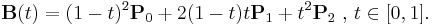 \mathbf{B}(t) = (1 - t)^{2}\mathbf{P}_0 %2B 2(1 - t)t\mathbf{P}_1 %2B t^{2}\mathbf{P}_2 \mbox{ , } t \in [0,1].