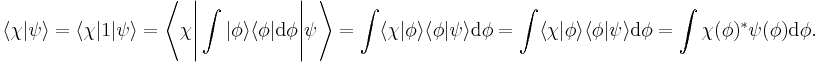  \langle \chi | \psi \rangle = \langle \chi | 1 | \psi \rangle = \left \langle \chi \Bigg | \int | \phi \rangle \langle \phi | \mathrm{d} \phi \Bigg | \psi \right \rangle = \int \langle \chi | \phi \rangle \langle \phi | \psi \rangle \mathrm{d} \phi = \int \langle \chi | \phi \rangle \langle \phi | \psi \rangle \mathrm{d} \phi = \int \chi(\phi)^{*} \psi(\phi) \mathrm{d} \phi. \,\!