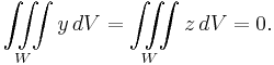 \iiint\limits_W y\, dV = \iiint\limits_W z\, dV = 0.