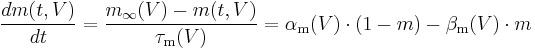 \frac{d m(t,V)}{d t} = \frac{m_\infty(V)-m(t,V)}{\tau_\mathrm{m} (V)} = \alpha_\mathrm{m} (V)\cdot(1-m) - \beta_\mathrm{m} (V)\cdot m