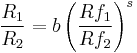 \frac{R_1}{R_2}=b\left(\frac{Rf_1}{Rf_2}\right)^s