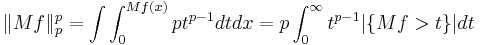 \|Mf\|_p^p = \int \int_0^{Mf(x)} pt^{p-1} dt dx = p \int_0^\infty t^{p-1} |\{ Mf > t \}|  dt