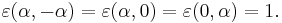 \varepsilon(\alpha,-\alpha)=\varepsilon(\alpha,0)=\varepsilon(0,\alpha)=1.