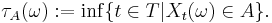 \tau_{A} (\omega)�:= \inf \{ t \in T | X_{t} (\omega) \in A \}.