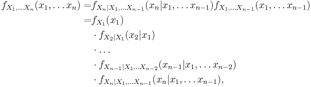 \begin{align} f_{X_1, \ldots X_n}(x_1, \ldots x_n) =& f_{X_n | X_1, \ldots X_{n-1}}( x_n | x_1, \ldots x_{n-1}) f_{X_1, \ldots X_{n-1}}( x_1, \ldots x_{n-1} )\\
=& f_{X_1} (x_1) \\
 & \cdot f_{X_2|X_1} (x_2|x_1)\\
 & \cdot \dots \\
 & \cdot f_{X_{n-1}| X_1 \ldots X_{n-2}}(x_{n-1}| x_1, \ldots x_{n-2} ) \\
 & \cdot f_{X_n | X_1, \ldots X_{n-1}}( x_n | x_1, \ldots x_{n-1}),\end{align}