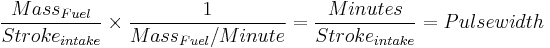 \frac{Mass_{Fuel}}{Stroke_{intake}} \times \frac{1}{Mass_{Fuel}/Minute} =\frac{Minutes}{Stroke_{intake}}=Pulsewidth