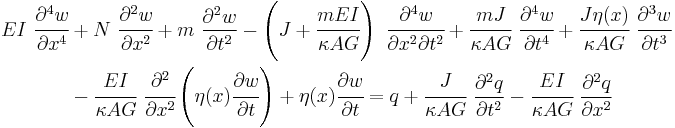 
  \begin{align}
   EI~\cfrac{\partial^4 w}{\partial x^4} & %2B N~\cfrac{\partial^2 w}{\partial x^2} %2B m~\frac{\partial^2 w}{\partial t^2} - \left(J%2B\cfrac{mEI}{\kappa AG}\right)~\cfrac{\partial^4 w}{\partial x^2 \partial t^2} %2B \cfrac{mJ}{\kappa AG}~\cfrac{\partial^4 w}{\partial t^4} %2B \cfrac{J \eta(x)}{\kappa AG}~\cfrac{\partial^3 w}{\partial t^3} \\
  & -\cfrac{EI}{\kappa AG}~\cfrac{\partial^2}{\partial x^2}\left(\eta(x)\cfrac{\partial w}{\partial t}\right) %2B \eta(x)\cfrac{\partial w}{\partial t} = q %2B \cfrac{J}{\kappa AG}~\frac{\partial^2 q}{\partial t^2} - \cfrac{EI}{\kappa A G}~\frac{\partial^2 q}{\partial x^2}
  \end{align}
