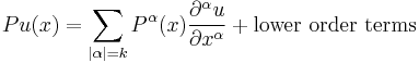  Pu(x)  = \sum_{|\alpha| = k} P^\alpha(x) \frac {\partial^\alpha u} {\partial x^{\alpha}} %2B \text{lower order terms}