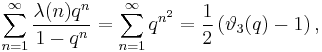 \sum_{n=1}^\infty \frac{\lambda(n)q^n}{1-q^n} = 
\sum_{n=1}^\infty q^{n^2} = 
\frac{1}{2}\left(\vartheta_3(q)-1\right),