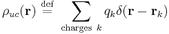 
\rho_{uc}(\mathbf{r}) \ \stackrel{\mathrm{def}}{=}\  \sum_{\mathrm{charges}\ k} q_k \delta(\mathbf{r} - \mathbf{r}_k)
