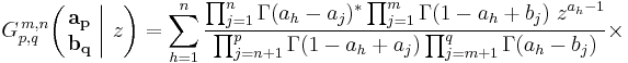 
G_{p,q}^{\,m,n} \!\left( \left. \begin{matrix} \mathbf{a_p} \\ \mathbf{b_q} \end{matrix} \; \right| \, z \right) = \sum_{h=1}^n \frac{\prod_{j=1}^n \Gamma(a_h - a_j)^* \prod_{j=1}^m \Gamma(1-a_h %2B b_j) \; z^{a_h-1}} {\prod_{j=n%2B1}^p \Gamma(1-a_h %2B a_j) \prod_{j=m%2B1}^q \Gamma(a_h - b_j)} \times
