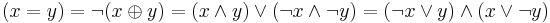 (x = y) = \lnot(x \oplus y) = (x \land y) \lor (\lnot x \land \lnot y) = (\lnot x \lor y) \land (x \lor \lnot y)