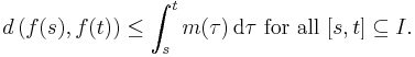 d \left( f(s), f(t) \right) \leq \int_{s}^{t} m(\tau) \, \mathrm{d} \tau \mbox{ for all } [s, t] \subseteq I.