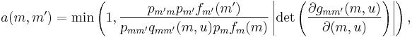 
  a(m,m')=\min\left(1,
  \frac{p_{m'm}p_{m'}f_{m'}(m')}{p_{mm'}q_{mm'}(m,u)p_{m}f_m(m)}\left|\det\left(\frac{\partial g_{mm'}(m,u)}{\partial (m,u)}\right)\right|\right),
