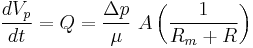 \frac{dV_p}{dt}=Q=\frac{\Delta p}{\mu}\ A\left( \frac{1}{R_m %2B R} \right)