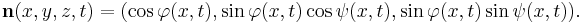 
\mathbf{n}(x,y,z,t) = (\cos\varphi(x,t), \sin\varphi(x,t) \cos\psi(x,t), \sin\varphi(x,t) \sin\psi(x,t)).
