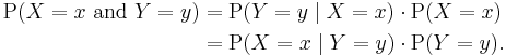 
\begin{align}
\mathrm{P}(X=x\ \mathrm{and}\ Y=y) & {} = \mathrm{P}(Y=y \mid X=x) \cdot \mathrm{P}(X=x) \\
& {} = \mathrm{P}(X=x \mid Y=y) \cdot \mathrm{P}(Y=y).
\end{align}
