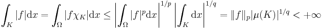 {\int_K|f|\mathrm{d}x}={\int_\Omega|f\chi_K|\mathrm{d}x}\leq\left|{\int_\Omega|f|^p\mathrm{d}x}\right|^{1/p}\left|{\int_K \mathrm{d}x}\right|^{1/q}=\|f\|_p|\mu(K)|^{1/q}<%2B\infty