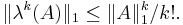  \|\lambda^k(A)\|_1 \le \|A\|_1^k/k!.