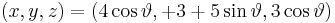  (x,y,z) = (4 \cos \vartheta, %2B3%2B5 \sin \vartheta, 3 \cos \vartheta) \,\!