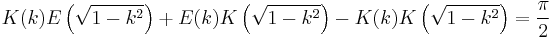  K(k) E\left(\sqrt{1-k^2}\right) %2B E(k) K\left(\sqrt{1-k^2}\right) - K(k) K\left(\sqrt{1-k^2}\right) = \frac \pi 2