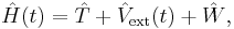 \hat{H}(t)=\hat{T}%2B\hat{V}_{\mathrm{ext}}(t)%2B\hat{W},