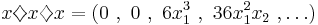  x \diamondsuit x \diamondsuit x = (  0 \ ,\ 0 \  , \ 6 x_1^3 \ , \ 36 x_1^2 x_2 \ , \dots ) 