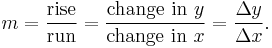 m= \frac{\text{rise}}{\text{run}}= \frac{\text{change in } y}{\text{change in } x} = \frac{\Delta y}{\Delta x}.