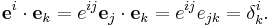 \mathbf{e}^i\cdot\mathbf{e}_k=e^{ij}\mathbf{e}_j\cdot\mathbf{e}_k=e^{ij}e_{jk} = \delta^i_k.