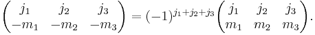 
\begin{pmatrix}
  j_1 & j_2 & j_3\\
  -m_1 & -m_2 & -m_3
\end{pmatrix}
=
(-1)^{j_1%2Bj_2%2Bj_3}
\begin{pmatrix}
  j_1 & j_2 & j_3\\
  m_1 & m_2 & m_3
\end{pmatrix}.
