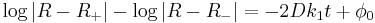 
\log \left| R - R_{%2B} \right| - \log \left| R - R_{-} \right| = -2Dk_{1}t %2B \phi_{0}
