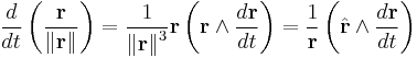 
\frac{d}{dt}\left(\frac{\mathbf r}{\Vert \mathbf r \Vert}\right)
= \frac{1}{{\Vert \mathbf r \Vert}^3}\mathbf r \left(\mathbf r \wedge \frac{d \mathbf r}{dt}\right)
= \frac{1}{{ \mathbf r }}\left(\hat{\mathbf r} \wedge \frac{d \mathbf r}{dt}\right)
