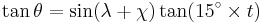 
\tan \theta = \sin(\lambda %2B \chi) \tan(15^{\circ} \times t)
