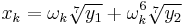 x_k = \omega_k\sqrt[7]{y_1} %2B \omega_k^6\sqrt[7]{y_2}