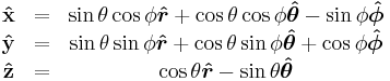 \begin{matrix}
    \mathbf{\hat x} & = & \sin\theta\cos\phi\boldsymbol{\hat r}%2B\cos\theta\cos\phi\boldsymbol{\hat\theta}-\sin\phi\boldsymbol{\hat\phi} \\
    \mathbf{\hat y} & = & \sin\theta\sin\phi\boldsymbol{\hat r}%2B\cos\theta\sin\phi\boldsymbol{\hat\theta}%2B\cos\phi\boldsymbol{\hat\phi} \\
    \mathbf{\hat z} & = & \cos\theta        \boldsymbol{\hat r}-\sin\theta        \boldsymbol{\hat\theta} \\
    \end{matrix}