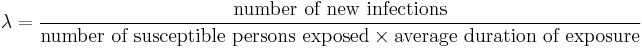  
\lambda = \frac {\mbox{number of new infections}} {\mbox{number of susceptible persons exposed} \times \mbox{average duration of exposure}} 
