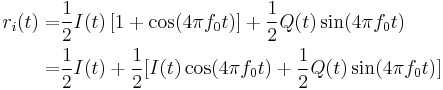 
\begin{align}
r_i(t) = & \frac{1}{2} I(t) \left[1 %2B \cos (4 \pi f_0 t)\right] %2B \frac{1}{2} Q(t) \sin (4 \pi f_0 t) \\
 = & \frac{1}{2} I(t) %2B \frac{1}{2} [I(t) \cos (4 \pi f_0 t) %2B \frac{1}{2} Q(t) \sin (4 \pi f_0 t)]
\end{align}
