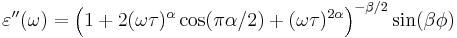 
\varepsilon''(\omega) = \left( 1 %2B 2 (\omega\tau)^\alpha \cos (\pi\alpha/2) %2B (\omega\tau)^{2\alpha} \right)^{-\beta/2} \sin (\beta\phi)
