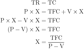 \begin{align}
\text{TR} &=  \text{TC}\\
\text{P}\times \text{X} &= \text{TFC} %2B \text{V} \times \text{X}\\
\text{P}\times \text{X} - \text{V} \times \text{X} &= \text{TFC}\\
\left(\text{P} - \text{V}\right)\times \text{X} &= \text{TFC}\\
\text{X} &= \frac{\text{TFC}}{\text{P} - \text{V}}
\end{align}