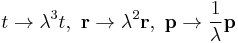 
t \rightarrow \lambda^{3}t, \ 
\mathbf{r} \rightarrow \lambda^{2}\mathbf{r}, \ 
\mathbf{p} \rightarrow \frac{1}{\lambda}\mathbf{p} 
