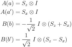 \begin{align}
  A(a)  &= S_z \otimes I\\
  A(a') &= S_x \otimes I\\
  B(b)  &= -\frac{1}{\sqrt{2}} \ I \otimes (S_z %2B S_x)\\
  B(b') &=  \frac{1}{\sqrt{2}} \ I \otimes (S_z - S_x)
\end{align}