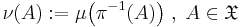 \nu(A):=\mu\big(\pi^{-1}(A)\big)\;,\;A\in\mathfrak X