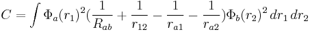  C = \int \Phi_a(r_1)^2 (\frac{1}{R_{ab}} %2B \frac{1}{r_{12}} - \frac{1}{r_{a1}} - \frac{1}{r_{a2}}) \Phi_b(r_2)^2 \, dr_1\, dr_2