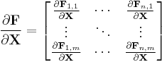 \frac{\partial\mathbf{F}} {\partial\mathbf{X}}=
\begin{bmatrix}
\frac{\partial\mathbf F_{1,1}}{\partial \mathbf X} & \cdots & \frac{\partial \mathbf F_{n,1}}{\partial \mathbf X}\\
\vdots & \ddots & \vdots\\
\frac{\partial\mathbf F_{1,m}}{\partial \mathbf X} & \cdots & \frac{\partial \mathbf F_{n,m}}{\partial \mathbf X}\\
\end{bmatrix}
