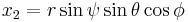 x_2 = r\sin\psi \sin\theta \cos\phi\ 