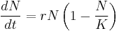 \frac{dN}{dt}=rN\left(1 - \frac{N}{K}\right) \qquad \!