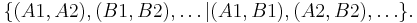 \{(A1,A2),(B1,B2),\dots|(A1,B1), (A2,B2),\dots\}.